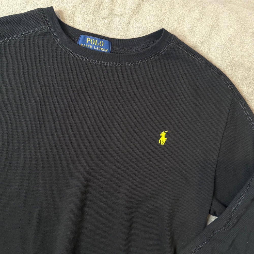 Polo Ralph Lauren Thermal Shirt Boys XL 18-20 Black Waffle Knit Long Sleeve